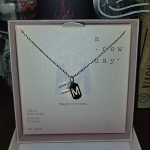 A New Day "M" Charm Necklace || Cubic Zirconia Silver Plated 16"